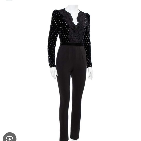 Self-Portrait Black Velvet Jumpsuit with Lace - Picture 2 of 6